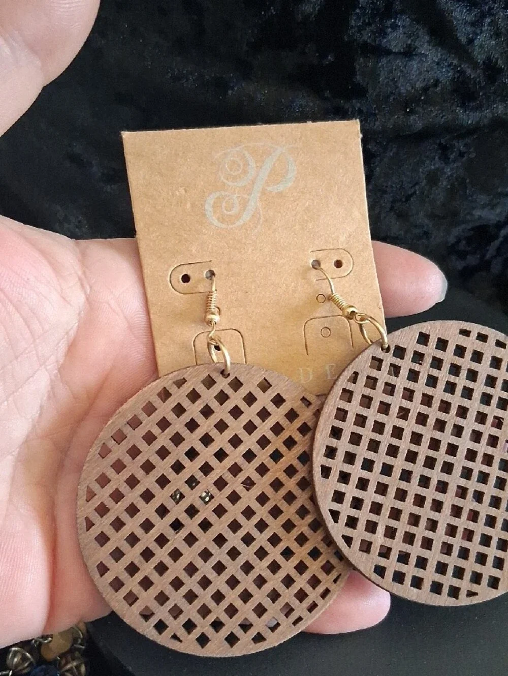 Plunder Laser-Cut Round Brown Wood Lattice Earrings
